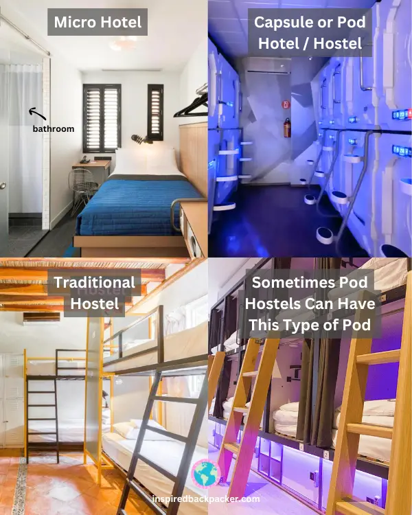 Collage showing the differences between a micro hotel, capsule hotel, pod hotel and hostel, to help define what is a micro hotel 