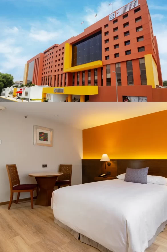 Photos of the Camino Real Mexico City airport hotel including a modern exterior and a basic, clean and modern double bed room