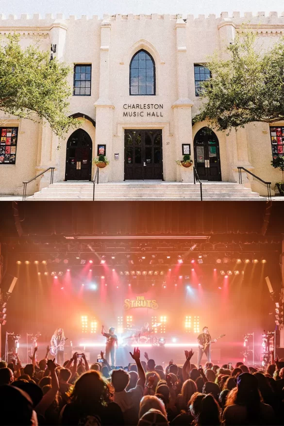 The castle-like exterior and lit up stage of the Charleston Music Hall, showing that it's easily one of the best spots for live music Charleston SC due to its historical significance