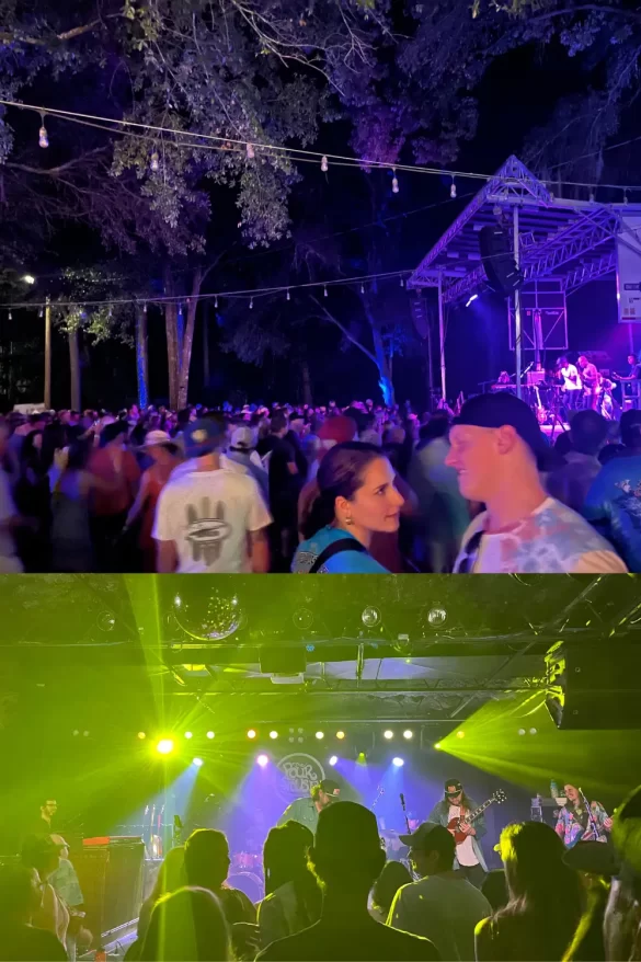 The lit up outdoor yard stage with a big crowd, and a band playing on the main stage indoors at Charleston Pour House