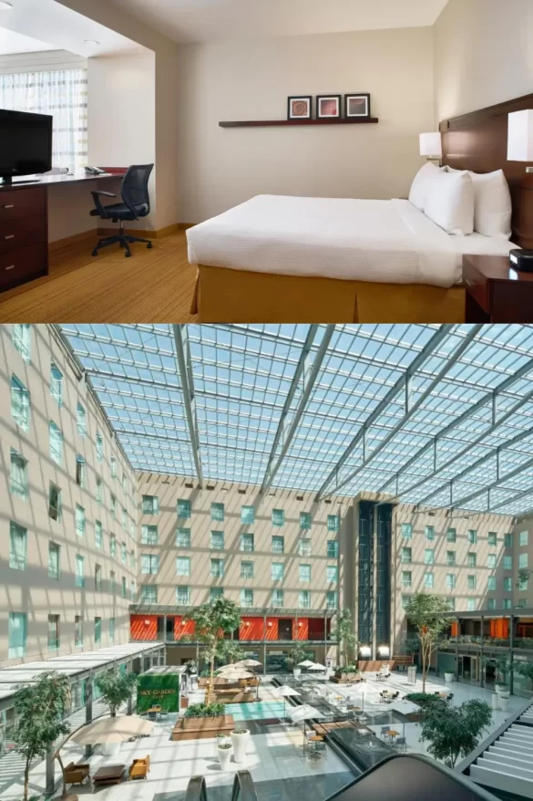 A room and the atrium at the Courtyard Marriott, showing that it’s easily one of the best moderately-priced Mexico City airport hotels for its style and comfort 