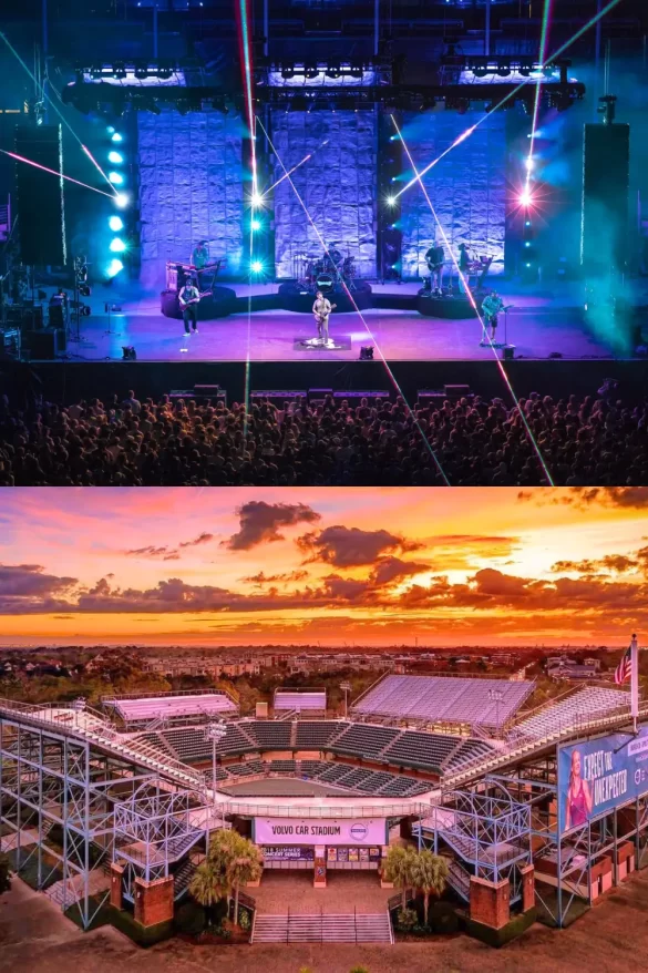 Musicians performing on a large stage with backlights, and an empty Credit One stadium at sunset to show how large of a venue it is