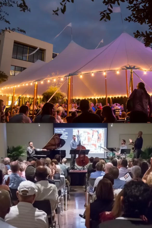 A lit up tent with a gathering of people underneath at night time, and a band playing on stage indoors at the Gibbes Museum of Art