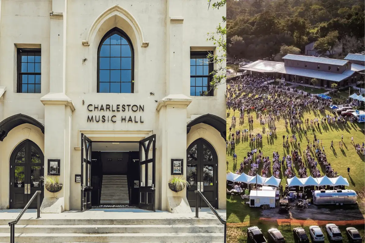 Cover image for the live music Charleston SC blog on Inspired Backpacker, showing an image of the historic Charleston Music Hall and a large crowd gathered at Firefly Distillery