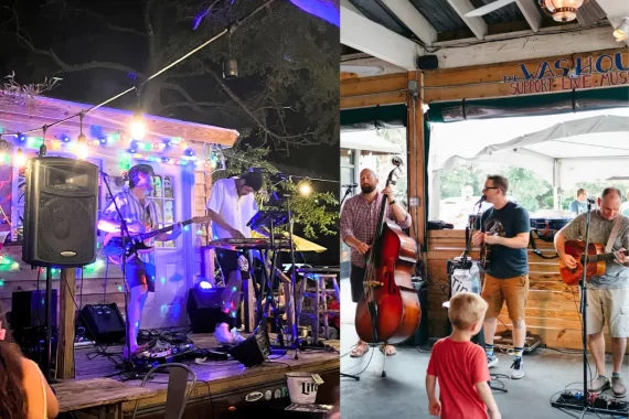 Collage of live music Folly Beach SC including a photo of musicians playing at Chico Feo at night with neon lights, and a band playing during the day with a kid up front dancing at the Washout