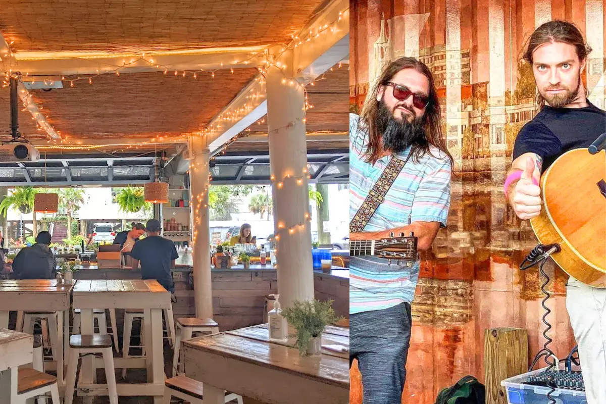 Image of the bar and two musicians who play at Lowlife Bar sometimes, showing that there's a casual atmosphere in the open-air space for live music