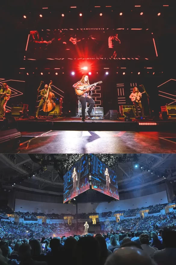 Band playing on stage and Sebastian Maniscalco the comedian on center stage in a large indoor stadium with screens, at the North Charleston Coliseum 