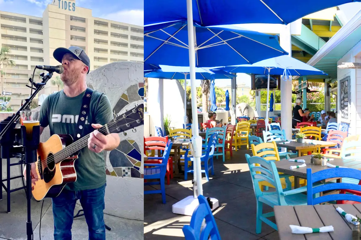 A man singing in the band and a sunny patio at Rita’s