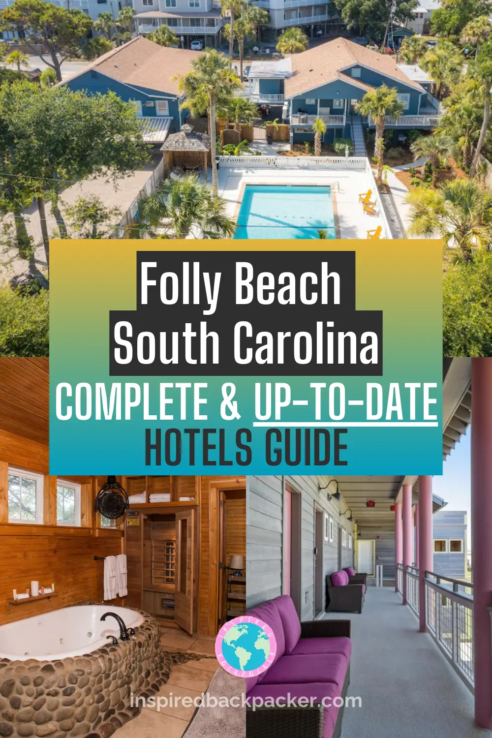 Pinterest pin to share the Folly Beach Hotels Guide blog by Inspired Backpacker showing Hotel Folly, a room at the Beachside Boutique Inn and the pool at the Folliday Inn