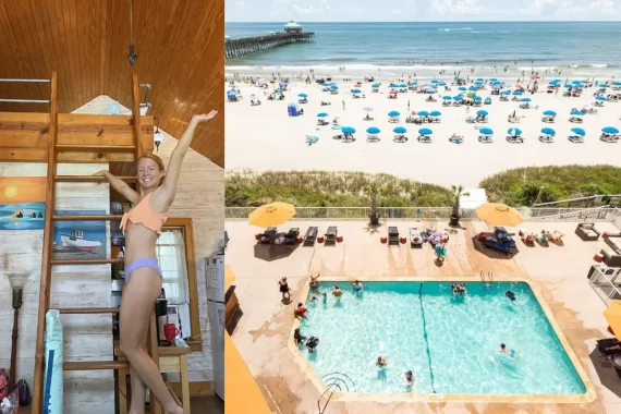 Folly Beach hotels cover image including an image of the pool at the Tides oceanfront hotel and a photo of me in the Seacret Cottage at the Beachside Boutique Inn