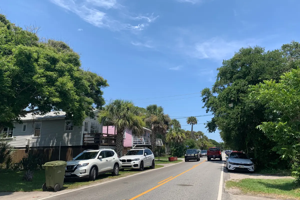 Folly Beach parking example of a side street and cars parked