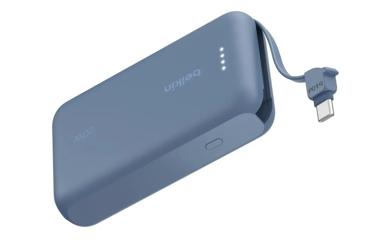 Smaller blue Belkin portable charger with a built-in USB C cord