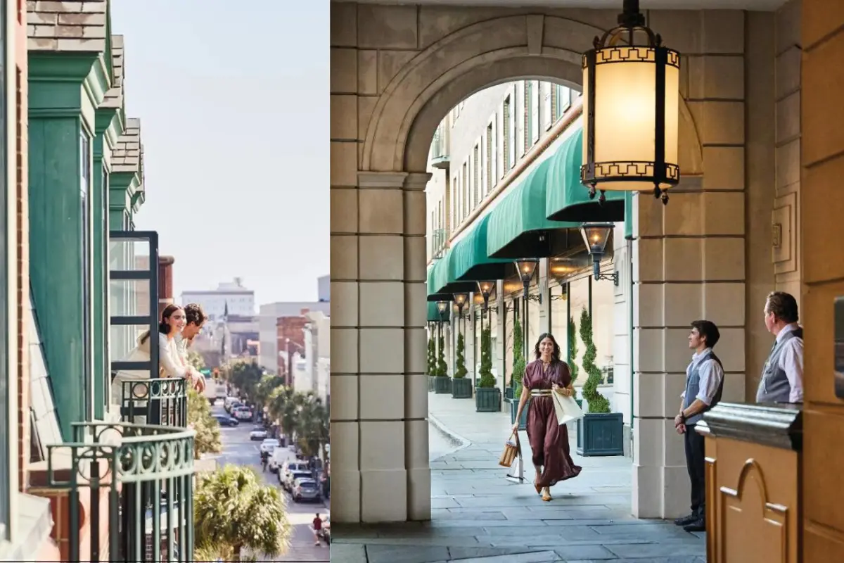 Two photos of Charleston Place, one with a couple looking out their balcony and another with a woman walking through the entry way in a historic looking cooridor