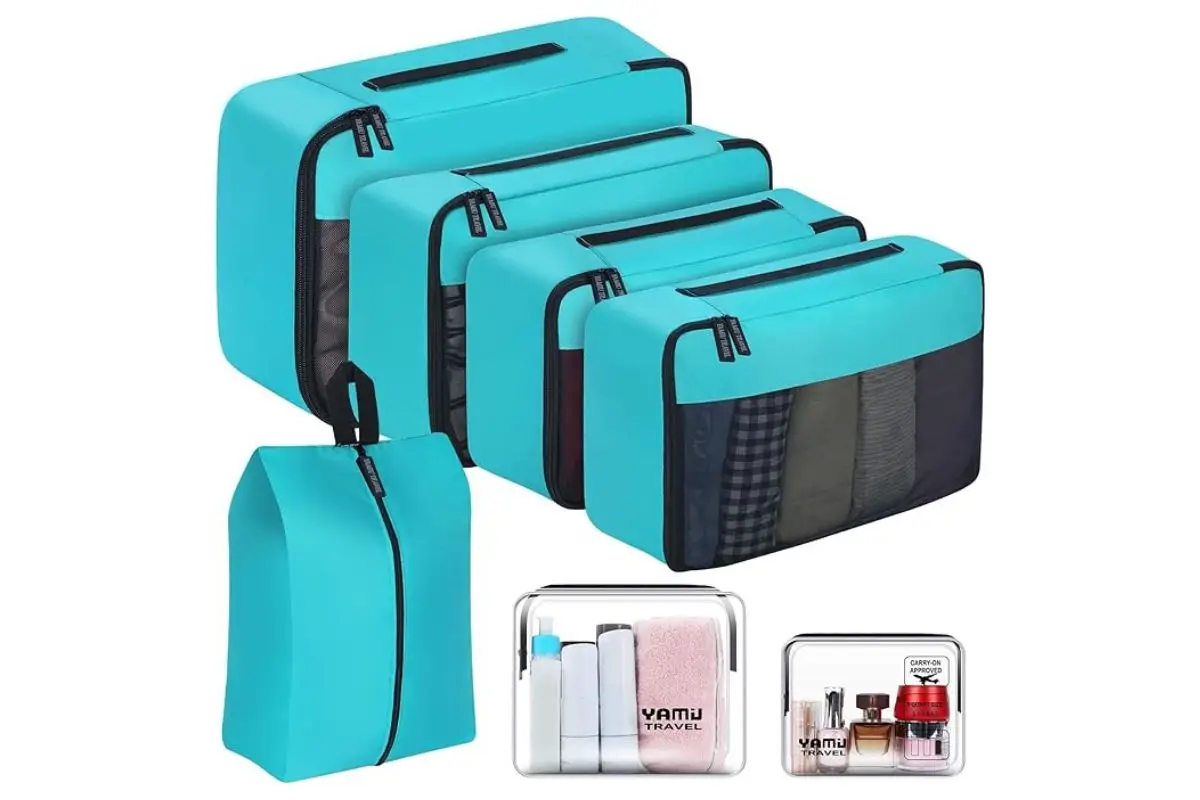 Blue set of packing cubes as well as spill proof liquid bags for luggage and traveling