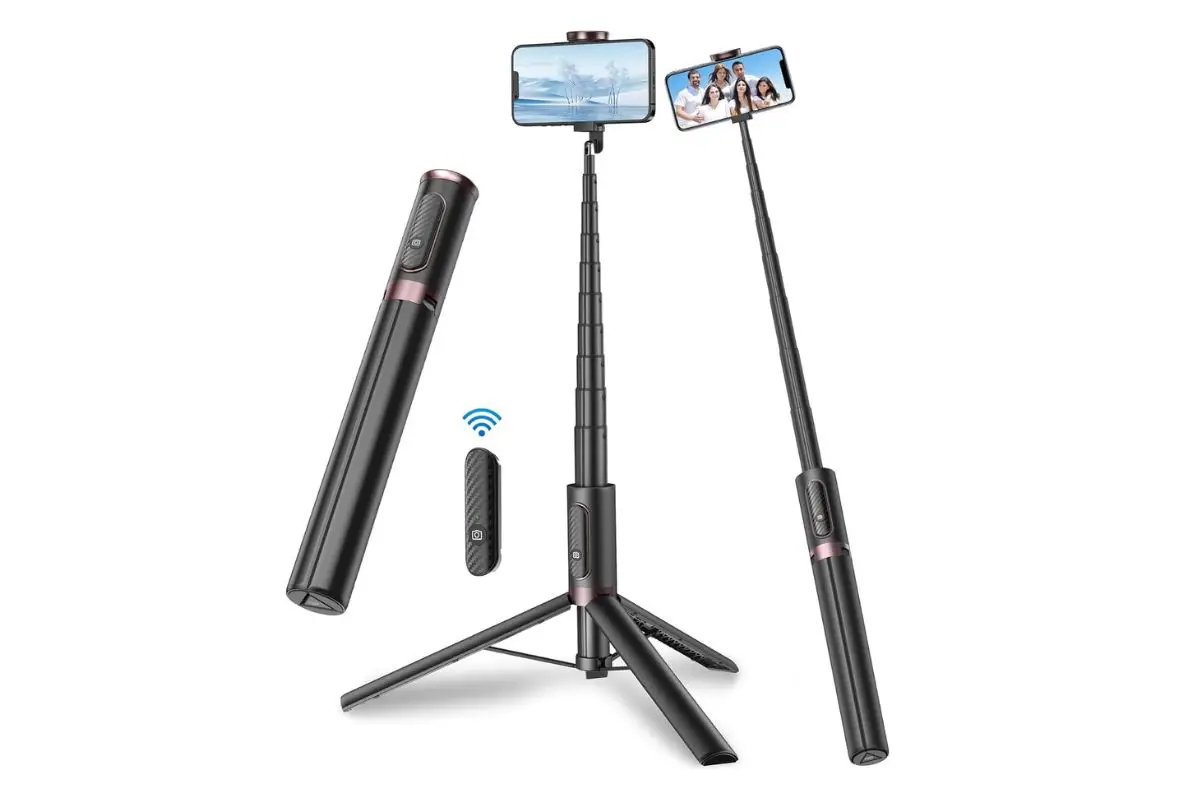 A cell phone tripod by TONEOF, which is of the most important items on the digital nomad packing list for content creators