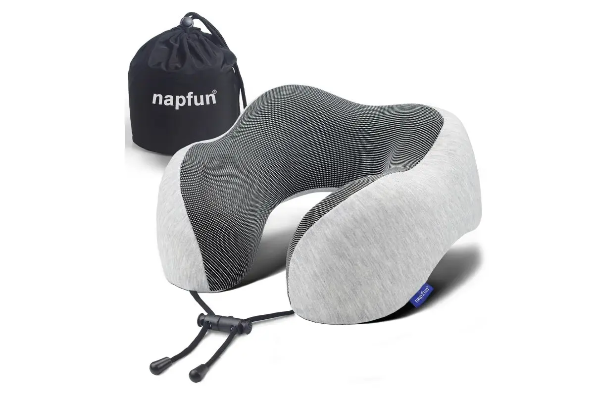 One of the most important items on the digital nomad packing list, a memory foam neck pillow for long flights, transfers and more