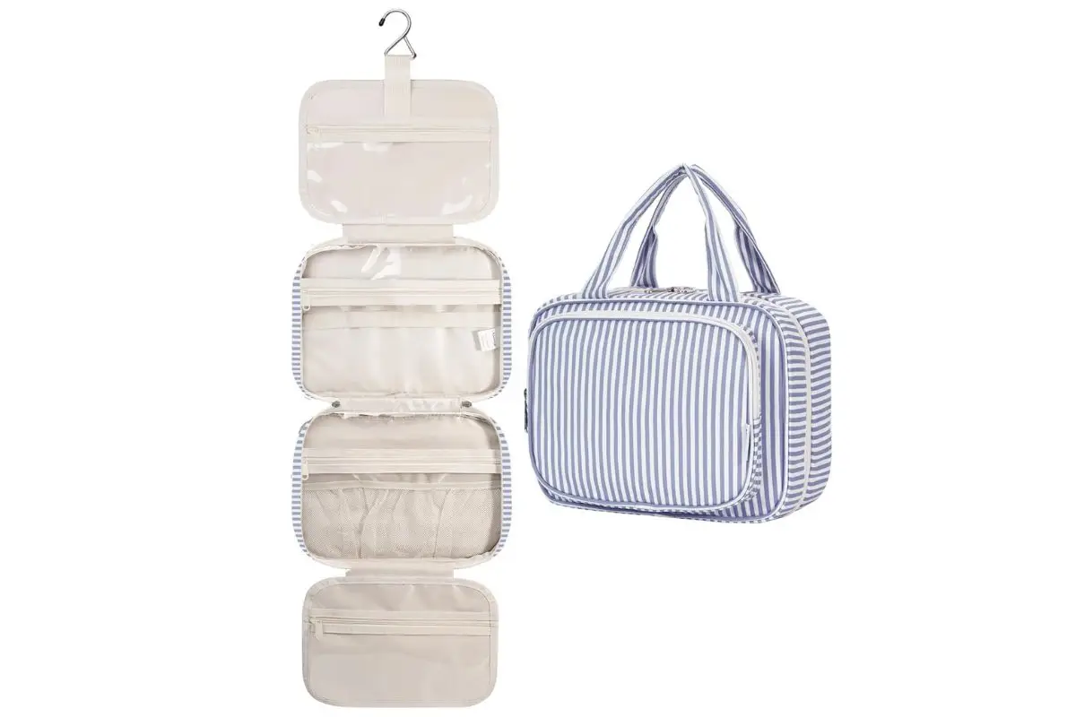 Expandable cosmetics organizer in striped blue with four sections hanging down