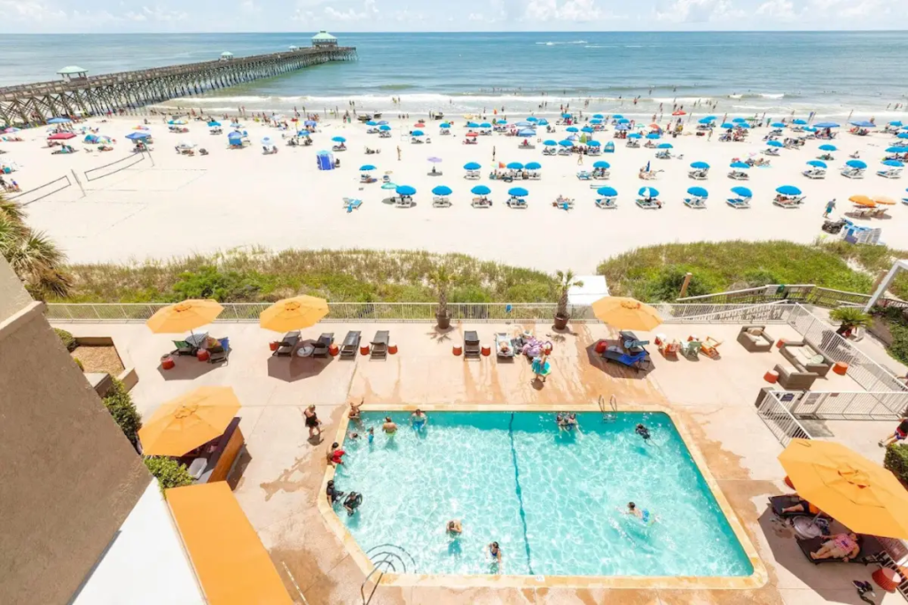 Oceanfront pool deck overlooking the ocean at Tides Folly Beach