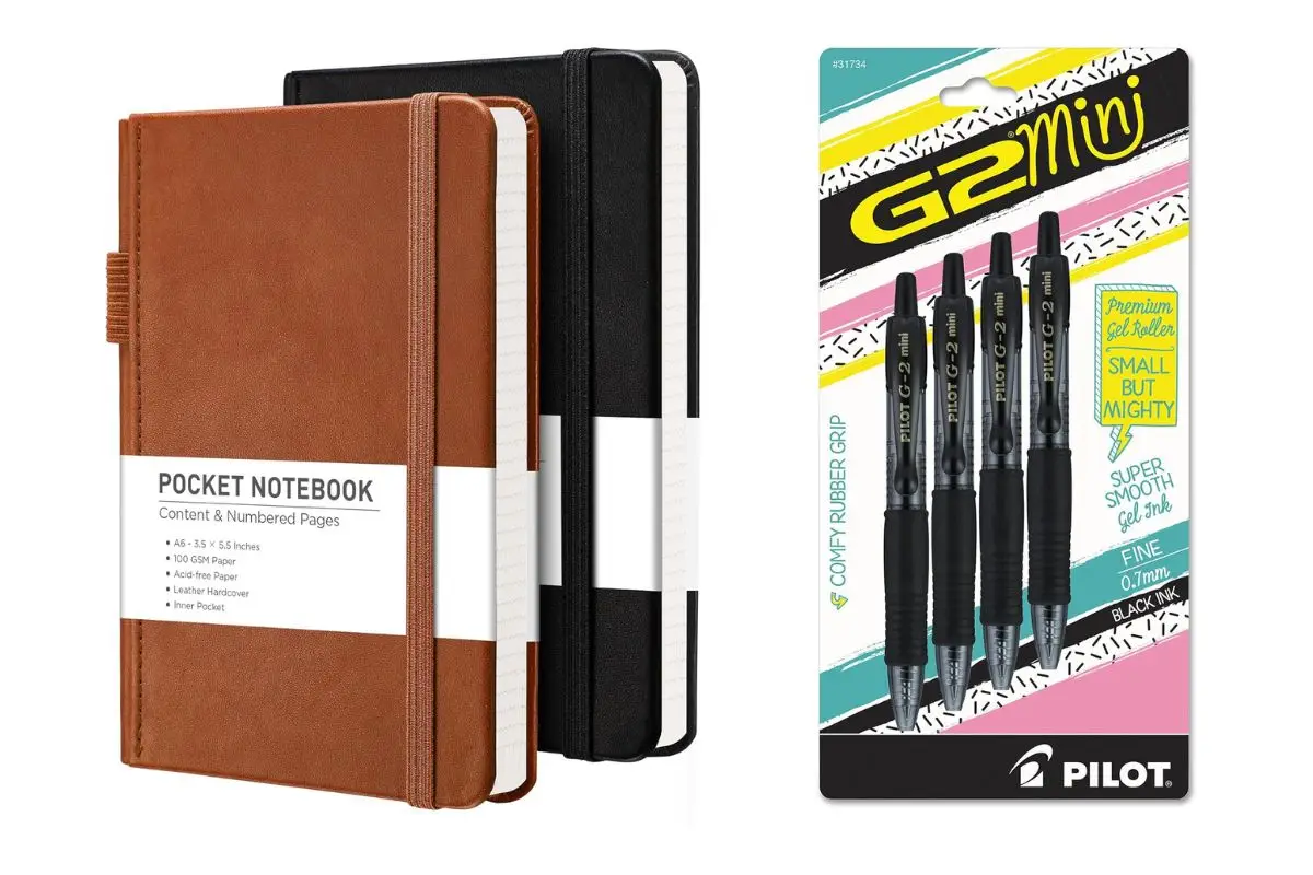 Mini notebooks and pens, for documenting travels